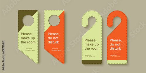 Elegant hotel door hanger design for handle or knob. Do not disturb, please service or clean room doorhanger template. Vector die cutting inform sign.