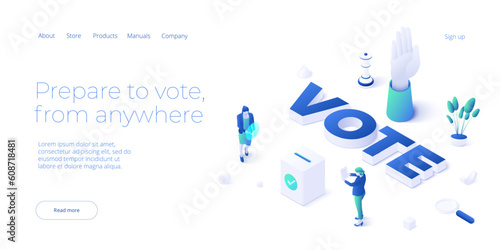 Democracy illustration concept in isometric vector design. Election process or referendum exit poll with female citizens giving their vote. Web banner layout template.