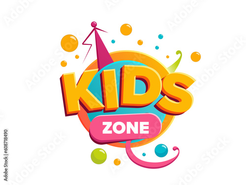 Kids zone logo illustration concept in flat vector design. Label  with elements for fun and play area. Cartoon emblem or badge for game and party events for children.