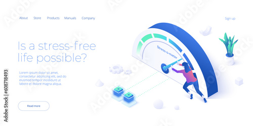 Businesswoman reducing stress concept in isometric vector design. Busy woman in stressful situation, office work burnout or pressure meter. Web banner layout template.