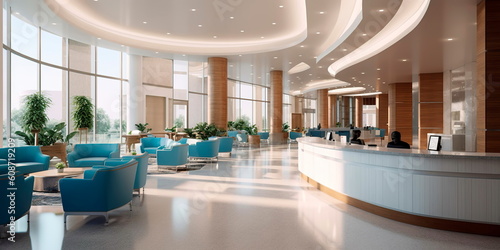 Detailed interior shots of a modern hospital lobby, showcasing the sleek design, comfortable seating areas, and welcoming atmosphere. Generative AI