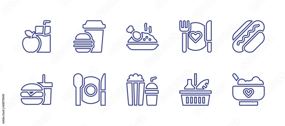 Food line icon set. Editable stroke. Vector illustration. Containing diet, fast food, kabsa, food donation, hot dog, plate, snack, shopping basket, baby food.