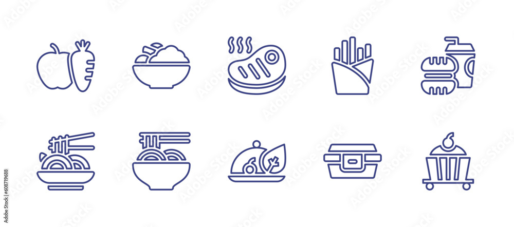 Food line icon set. Editable stroke. Vector illustration. Containing nutrition, salad, steak, french fries, fast food, pad thai, yakisoba, vegan food, food container, food delivery.