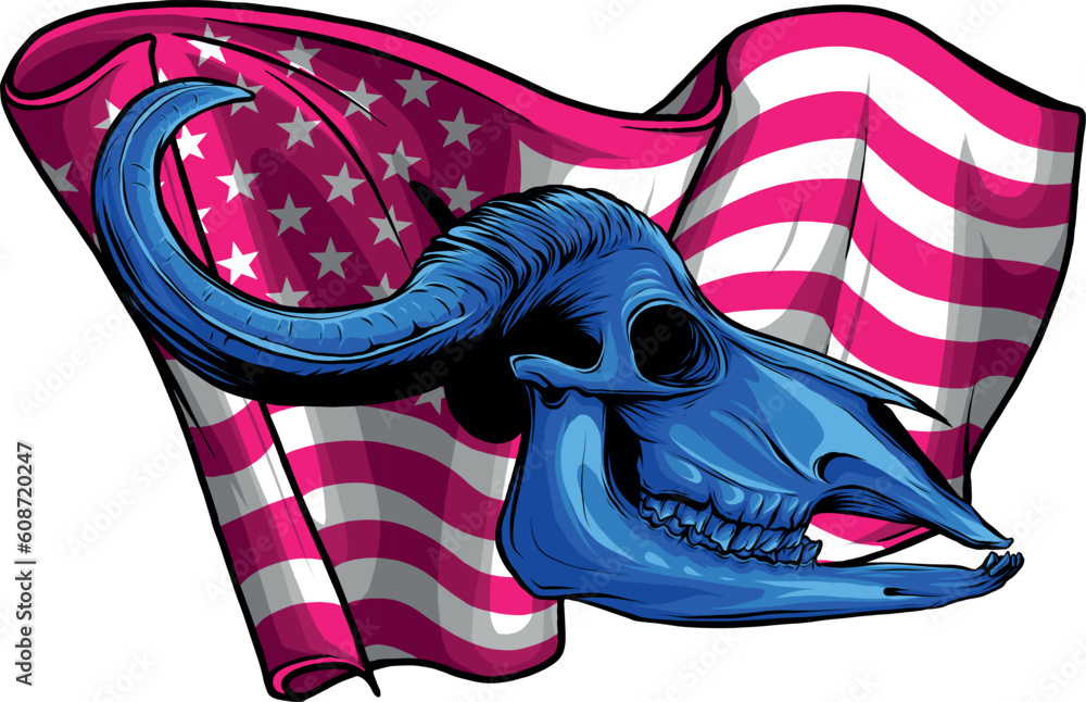 vector illustration of Skull buffalo with american flag