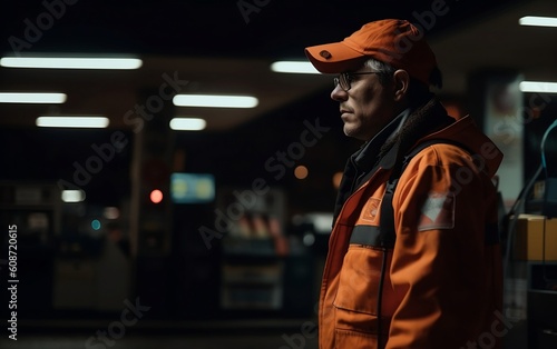 Gas station worker at night shift. Generative AI technology.