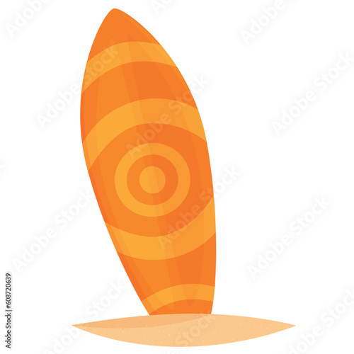 surfboard stuck in the sand, bright colors, summer vacation, vector illustration isolated on a white background