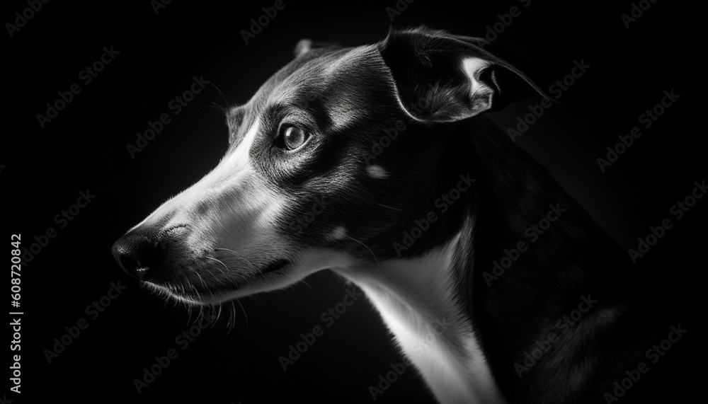 Cute purebred puppy portrait, black and white, looking at camera generated by AI