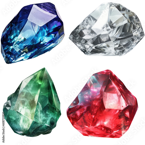 Collection of uncut gems - Sapphire, ruby, emerald, diamond - isolated on a white background, generative AI jewelery set photo