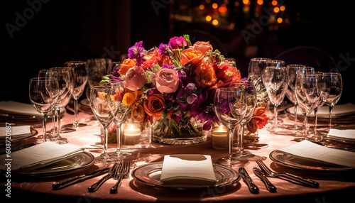 Elegant wedding reception with modern decor, crystal vase arrangement, champagne generated by AI