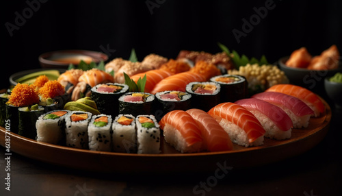 Fresh seafood meal maki sushi, sashimi, nigiri, and California roll generated by AI