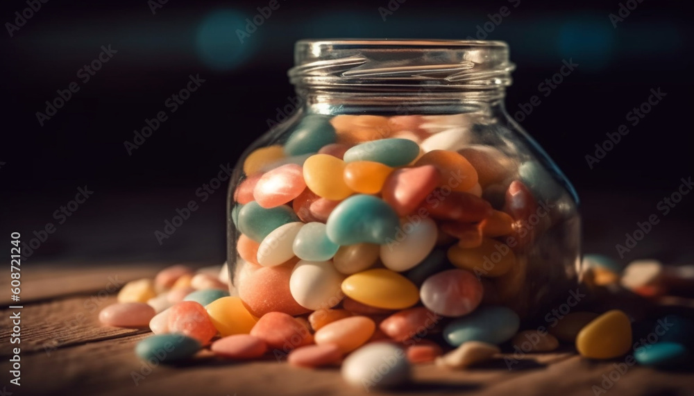 A colorful heap of chewy jellybeans spills from a jar generated by AI A colorful heap of chewy jellybeans spills from a jar generated by AI