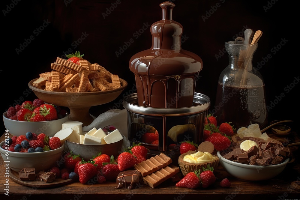 World Chocolate Day. A chocolate fountain with dipping treats, strawberries, marshmallows, biscuits. Chocolate fondue. Generative AI.