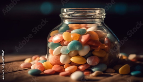 A colorful heap of chewy jellybeans spills from a jar generated by AI