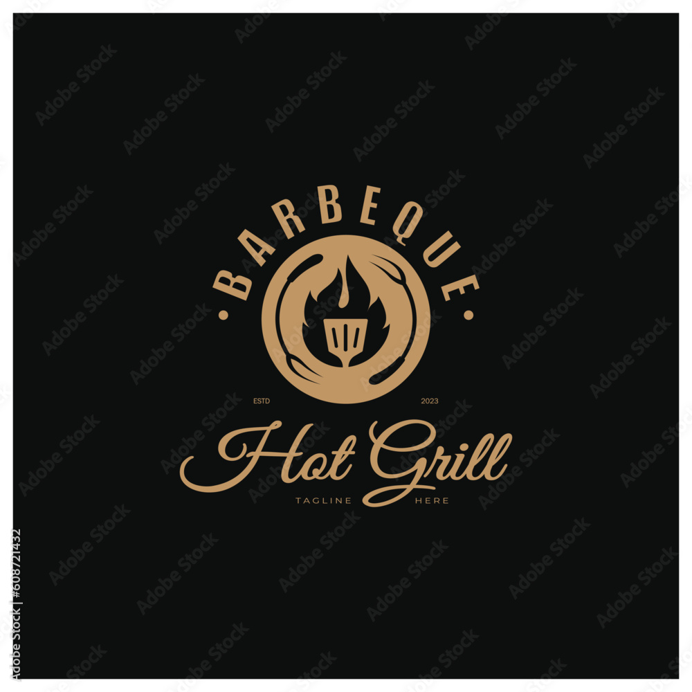 Fototapeta premium Barbecue Vintage hot grill, with crossed flames and spatula. Logo for restaurant, badge, cafe and bar.vector