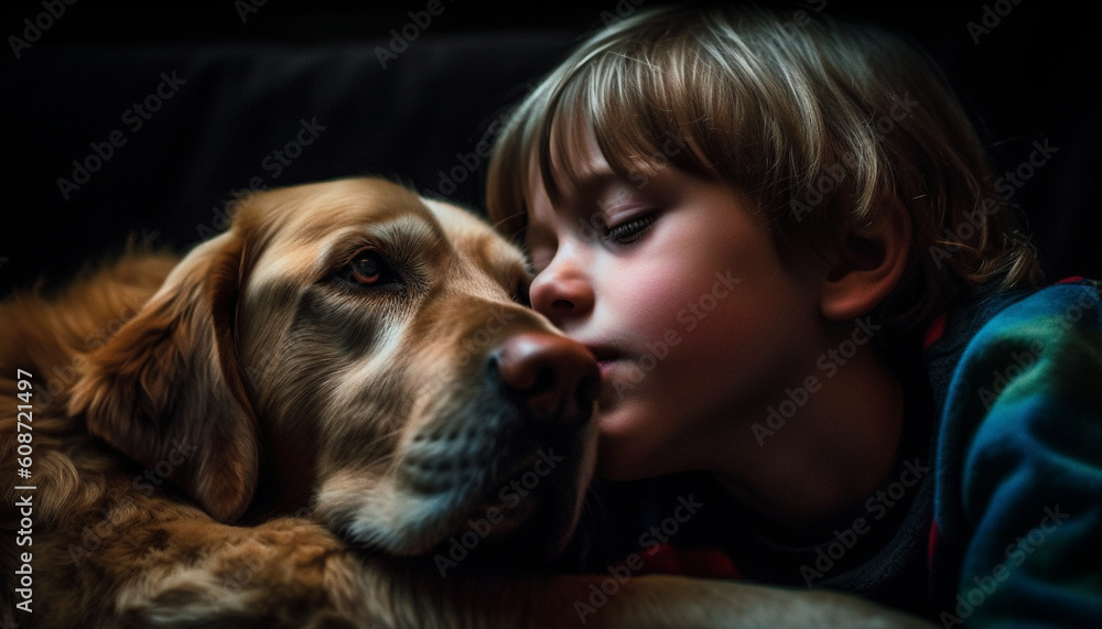 Joyful children embrace playful puppy in cozy home interior generated by AI Joyful children embrace playful puppy in cozy home interior generated by AI