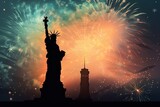Statue of Liberty against a backdrop of fireworks, with the silhouette of a bald eagle soaring above. USA Independence Day. Generative AI.