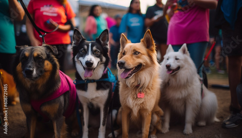 A group of cheerful men walking their loyal purebred dogs generated by AI