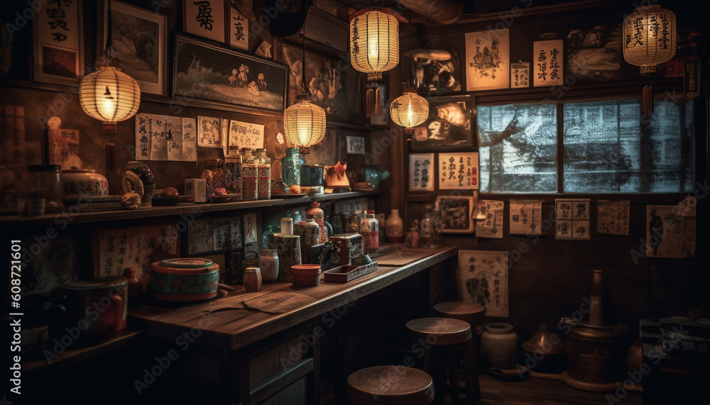 Rustic lantern illuminates old fashioned Chinese bar inside modern city establishment generated by AI