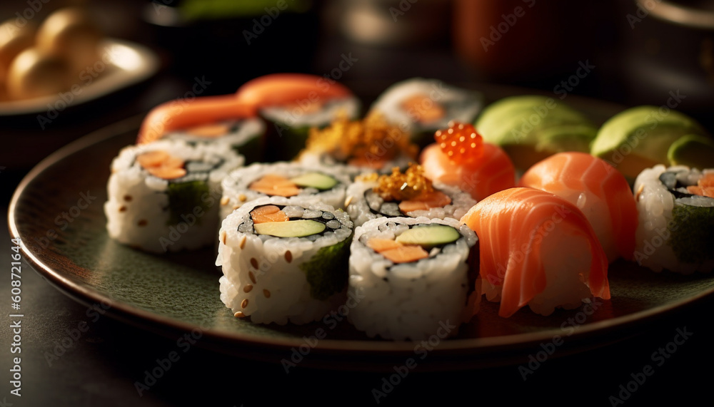 Fresh seafood meal on plate, with maki sushi and avocado generated by AI