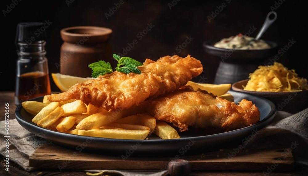 A gourmet meal of deep fried pork with homemade sauce generated by AI A gourmet meal of deep fried pork with homemade sauce generated by AI