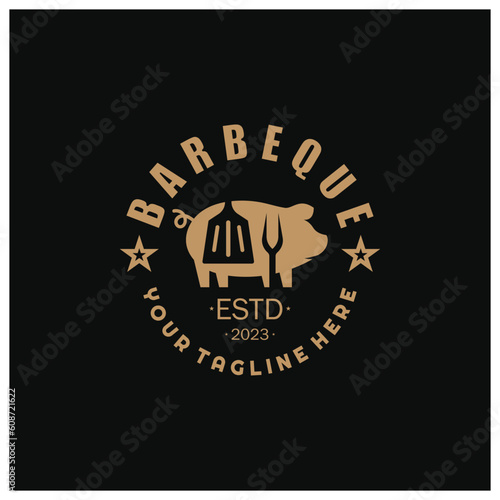 Barbecue Vintage hot grill, with crossed flames and spatula. Logo for restaurant, badge, cafe and bar.vector