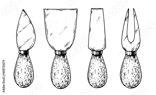 Cheese knife sketch set. Hand drawn vector illustration. Kitchen knife specialized for the cutting of cheese.