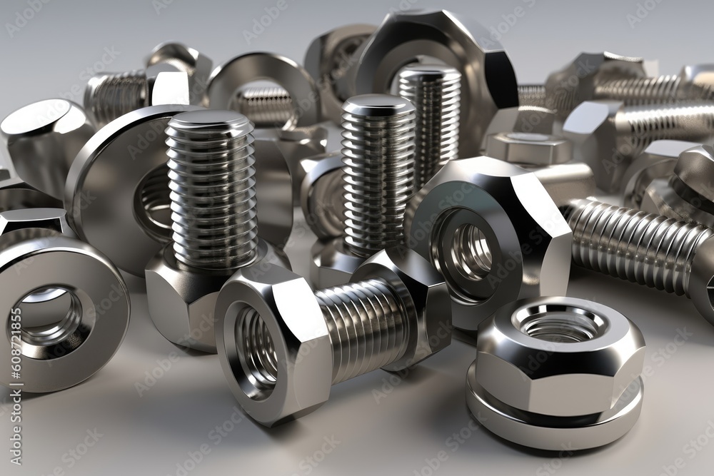 Collection of metal steel nuts, bolts, and screws. Generative AI Collection of metal steel nuts, bolts, and screws. Generative AI