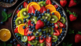 A gourmet fruit salad with fresh berries, kiwi, and yogurt generated by AI