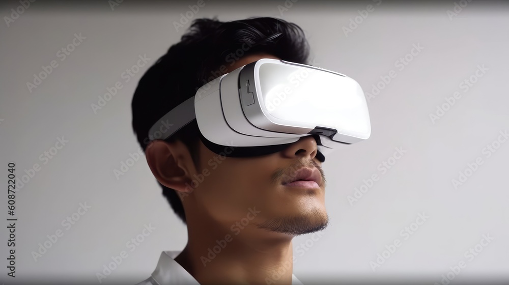 Closeup Face a Men Asian with VR glasses. Generative AI illustrations Closeup Face a Men Asian with VR glasses. Generative AI illustrations