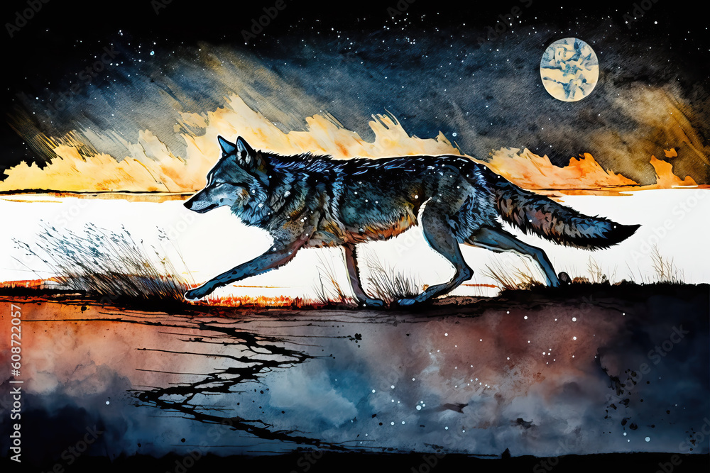 wolf running at night, ai generated