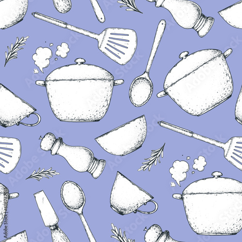 Kitchenware seamless pattern. Menu design background. Hand drawn sketch. Spoon, stewpot, stewpan, cup, spice grinder, cheese knife, spatula