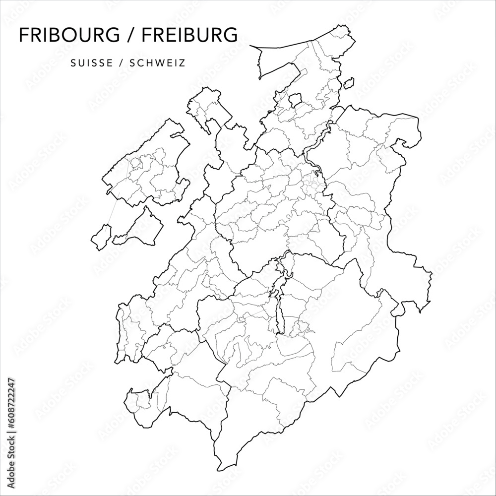 Vector Map of the Canton of Fribourg (Freiburg) with the Administrative borders of Districts (Bezirke), Municipalities (Gemeinde/Communes) and Quarters of Fribourg as of 2023 - Switzerland