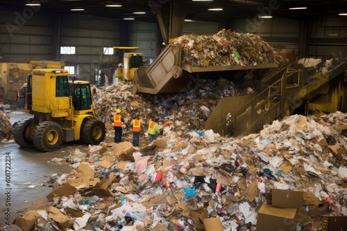 Recycling could depict a facility where waste is sorted and processed for reuse. Generative AI