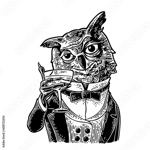 Owl gentlemen dressed in suit and holding cocktail. Vintage black engraving