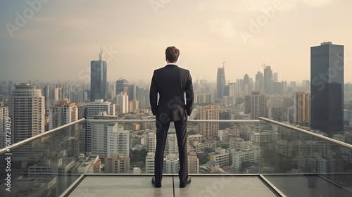 backside of businessman looking at cityscape, ai generated