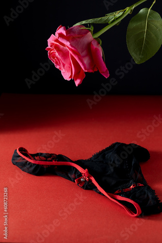 Delicate bright red rose and black women's thong on a red background in a dark key © Anna