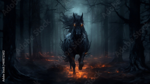 Hell Horse in Dark Forest, digital ai art. © Essa