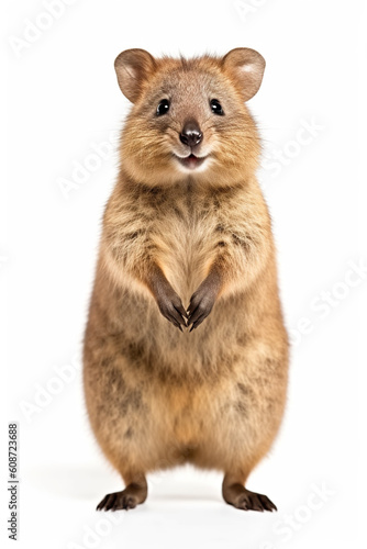 A friendly quokka standing on its hind legs on white background. Generative AI.