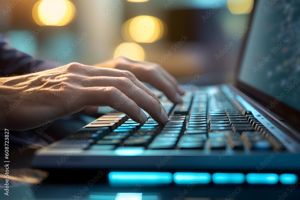 A person typing on a laptop keyboard in a business setting. Natural light and office in the background. Generative AI. A person typing on a laptop keyboard in a business setting. Natural light and office in the background. Generative AI.