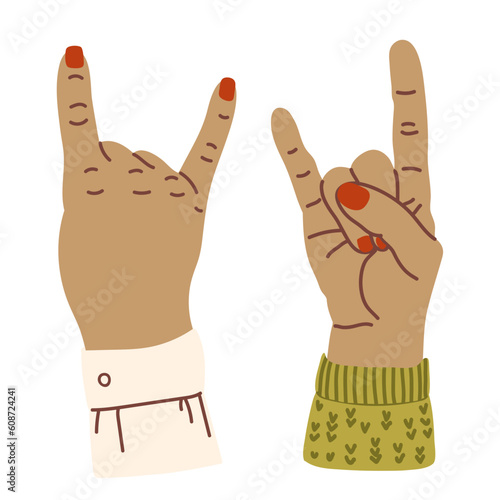 Hand showing Rock sign. Hand gesture devil horns. Colorful vector flat cartoon illustration isolated on white. Symbol of rock Heavy metal music fans