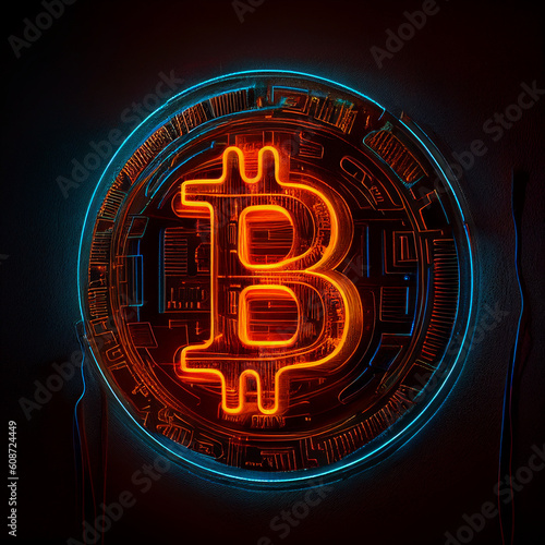 Ethereal Glow: Neon Bitcoin Illumination - red neon bitcoin. - Generative AI