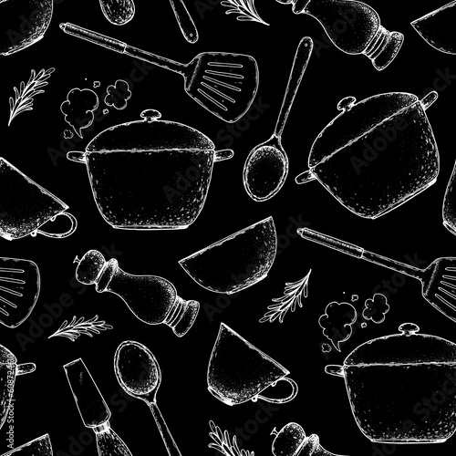 Kitchenware seamless pattern. Menu design background. Hand drawn sketch. Spoon, stewpot, stewpan, cup, spice grinder, cheese knife, spatula