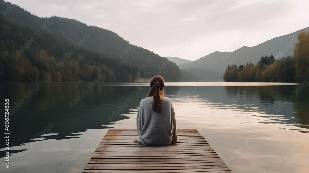 Calm Morning Meditation on the Pier with a Young Woman by the Lake Generative AI. - obrazy, fototapety, plakaty 