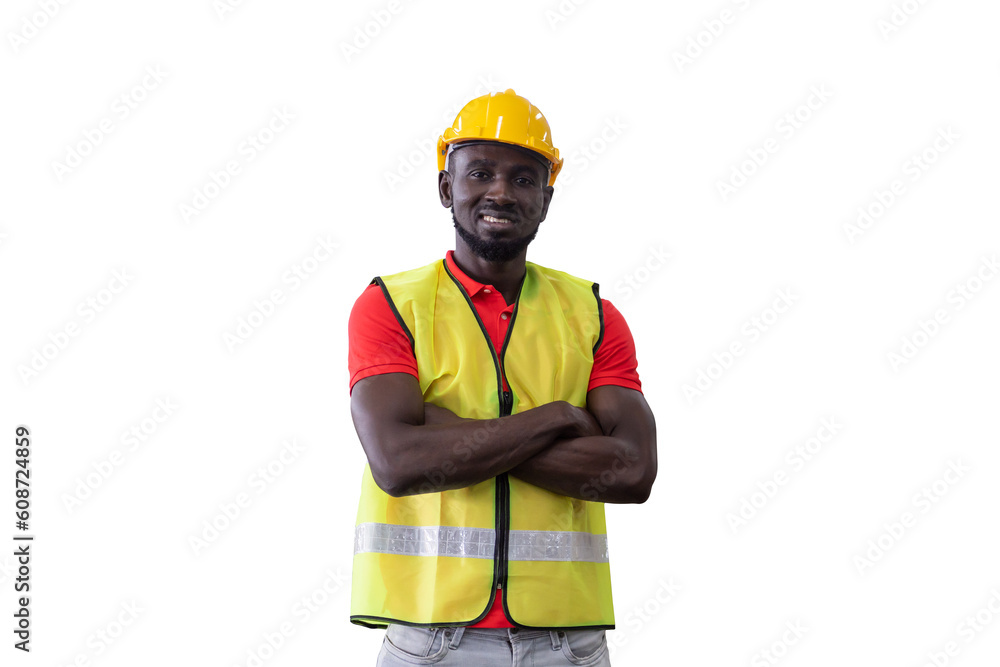 Portrait of happy smiling African American male warehouse worker in safety vest and helmet standing with arms crossed on white background Portrait of happy smiling African American male warehouse worker in safety vest and helmet standing with arms crossed on white background