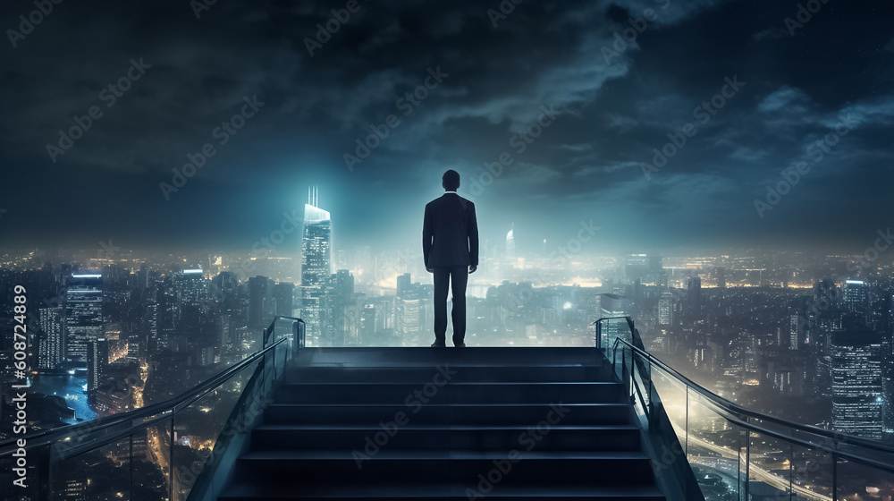 With the city lights as his backdrop, a businessman takes a moment to admire the urban landscape, finding inspiration and motivation in the dynamic atmosphere of the night. generative AI.