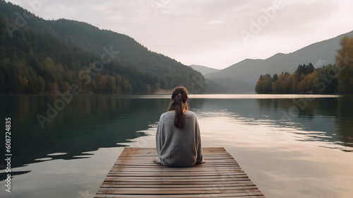 Calm Morning Meditation on the Pier with a Young Woman by the Lake Generative AI.