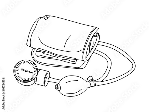 Mechanical tonometer in the contour line. Hand drawn illustration of  tonometer medical equipment with cuff and pressure gauge isolated on white background. Concept of healthcare and medicine. Vector