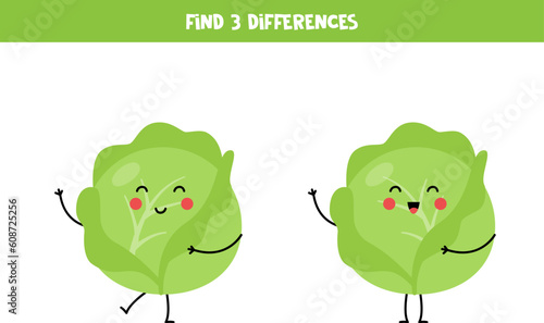 Find three differences between two pictures of cute kawaii cabbages.