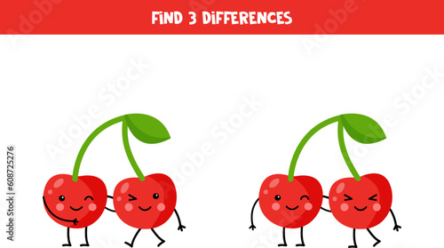 Find three differences between two pictures of cute kawaii cherries.