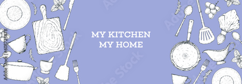 Kitchenware frame. Kitchen utensils sketch. Hand drawn vector illustration. Plates, spatula, stewpan, pan, stewpot, frying pan, wooden cutting board, fork, spoon